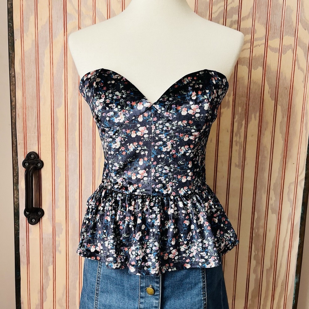 Sugar Lips Black Floral‎ Velvet Corset Peplum Top Whimsy Goth Size M - Picture 2 of 9
